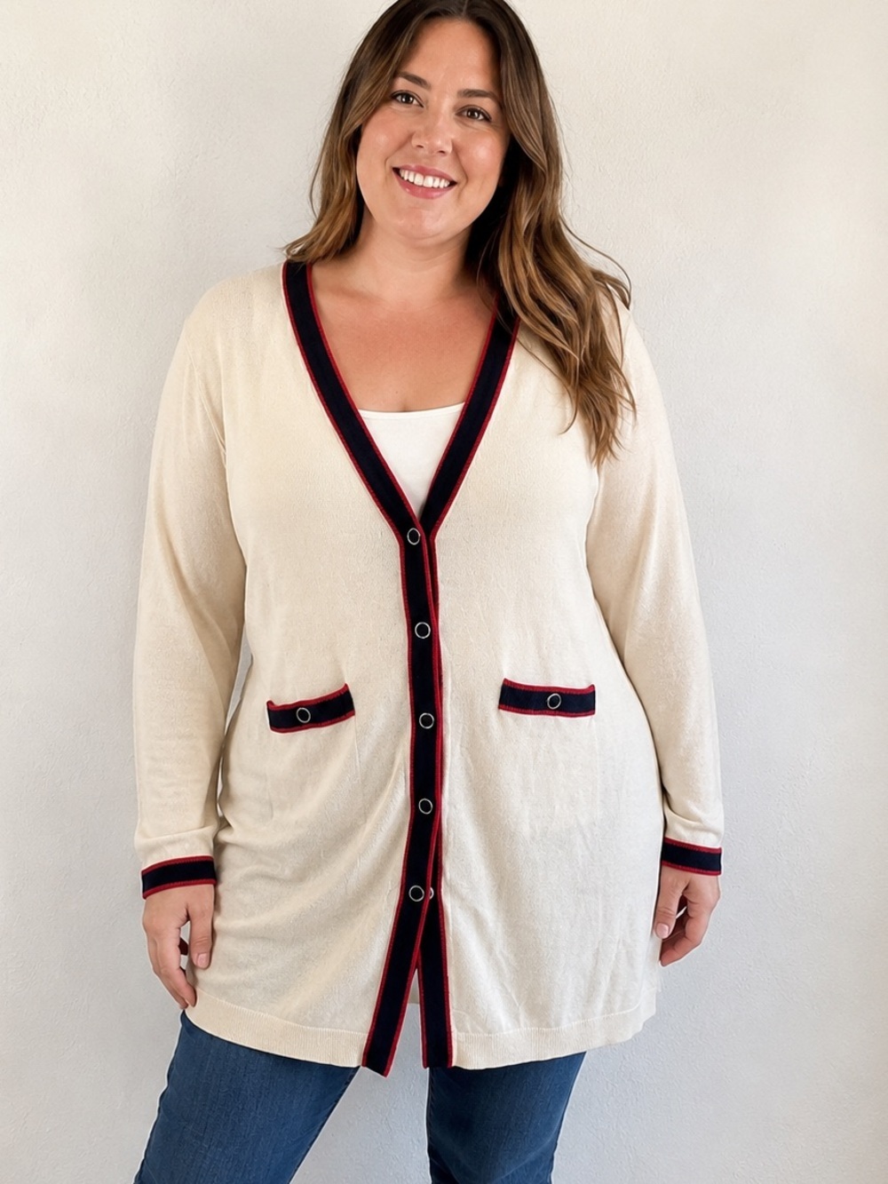 Talbots Woman 1X Cardigan Sweater Cream Ivory  Long Button Front Merino Wool